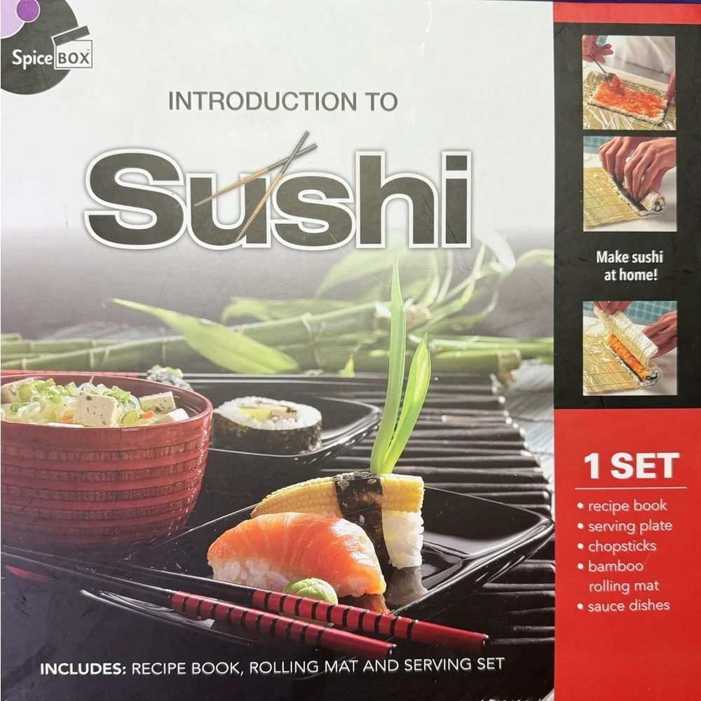 Intro To Sushi Kit Recipe Book, Serving Set, Chopsticks, Bamboo Roller NIB